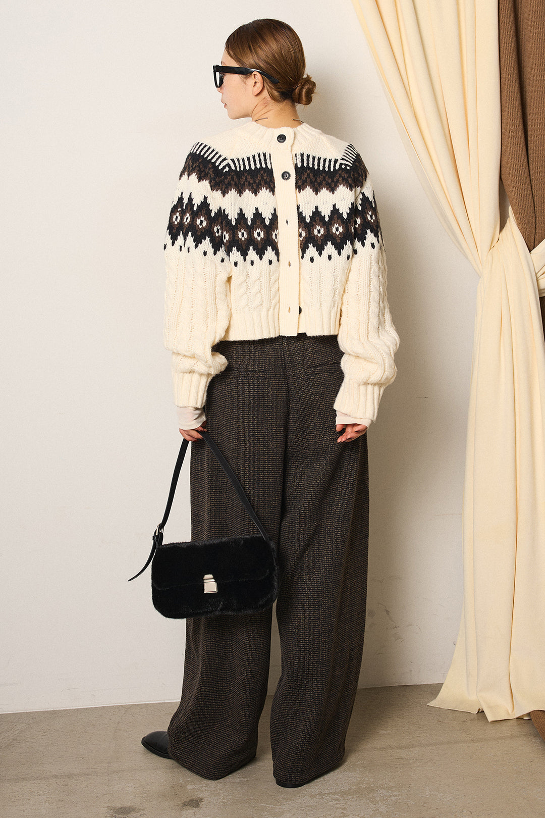 [SET]2WAY求心柄ジャガードショートカーディガン+起毛タック入りツイードワイドパンツ(2set)