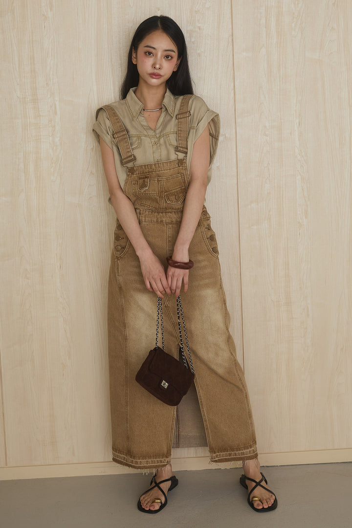 [SET]リヨセルデニムノースリシャツ+センタースリットデニムジャンスカ(2set)