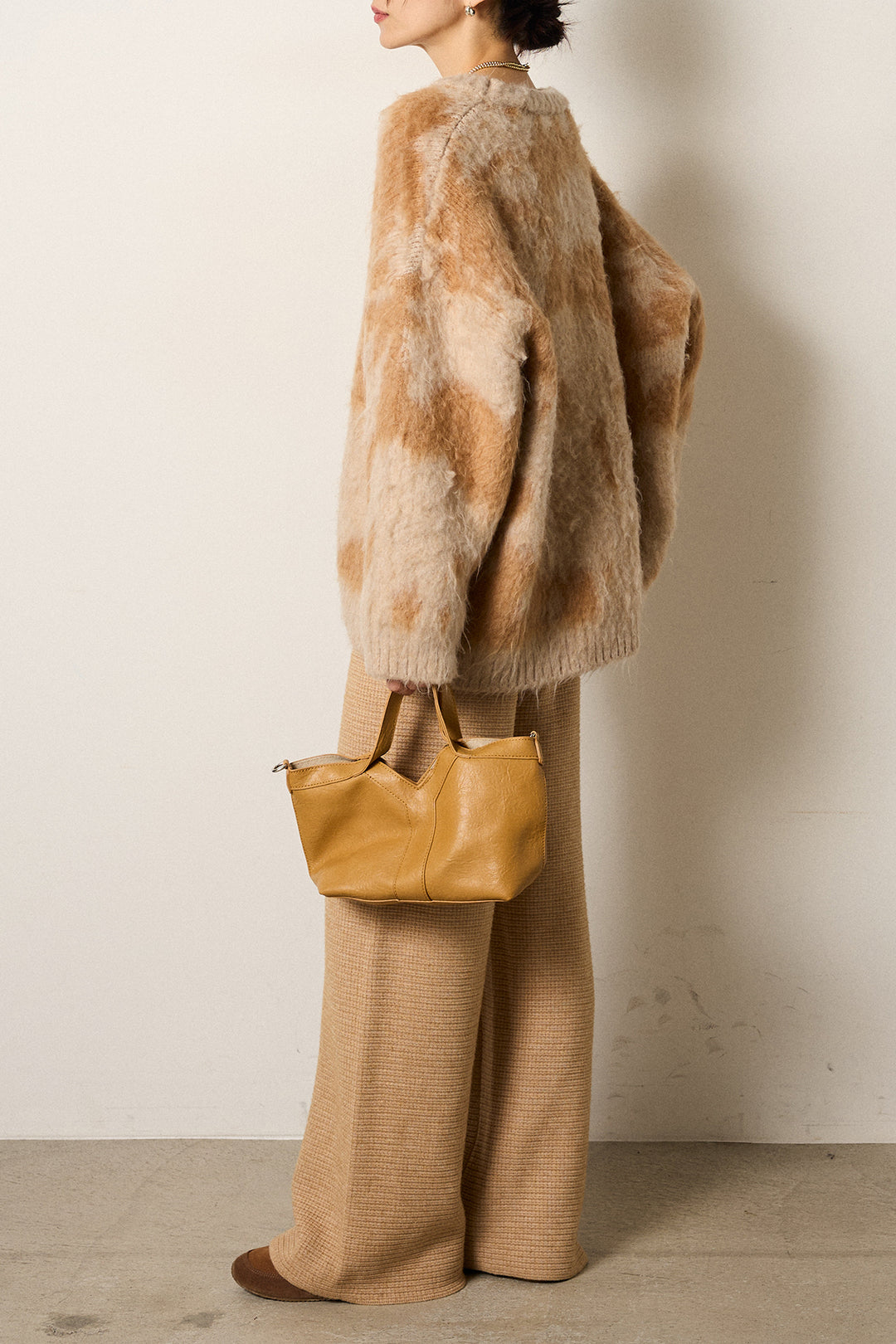 [SET]モヘアタッチマーブルニット+箔プリントBIGシルエットロングスリーブTシャツ+ワイドリブニットイージーパンツ(3set)