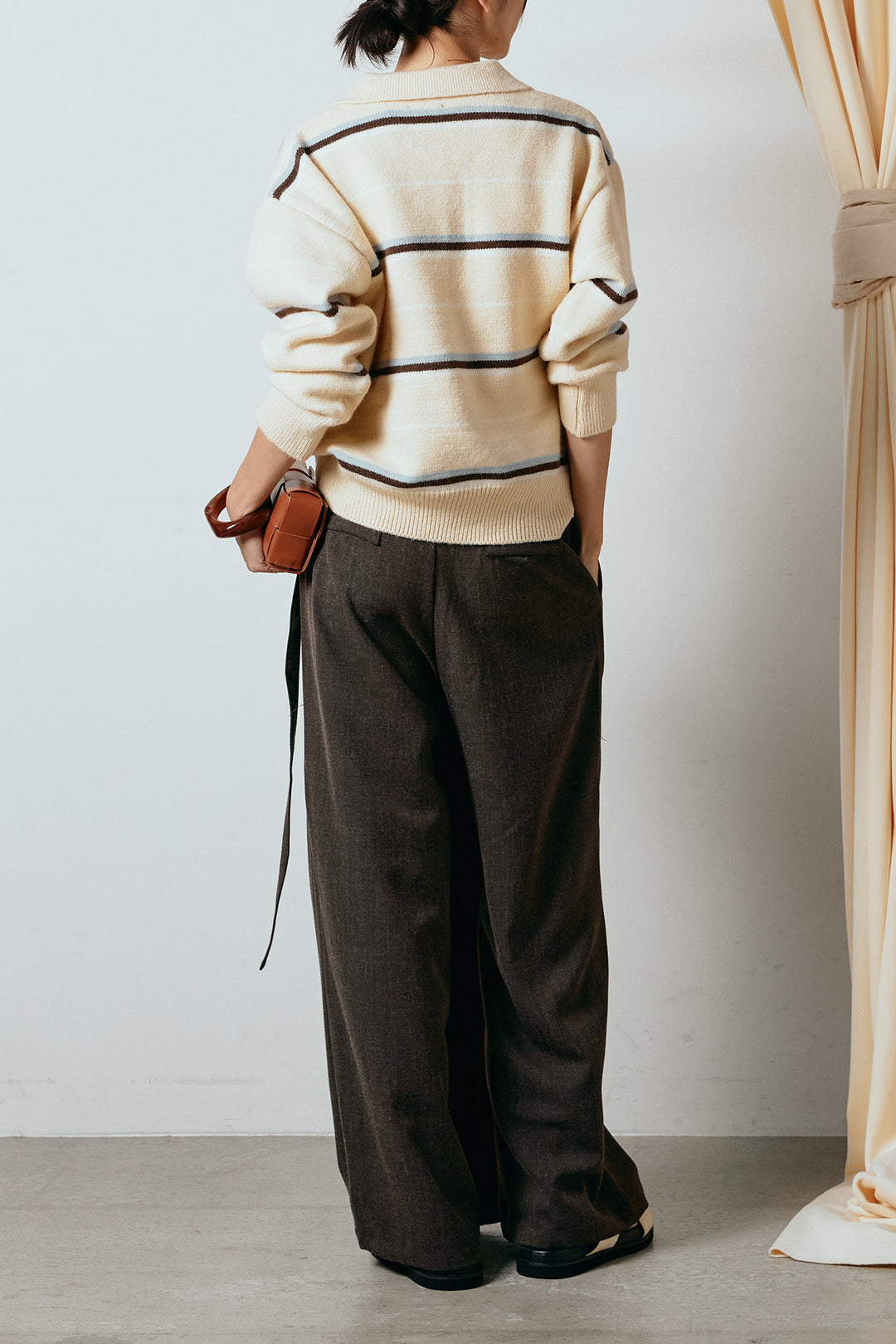 [SET]襟付きマルチボーダーニットポロトップス+ラップ巻きワイドスラックス(2set)