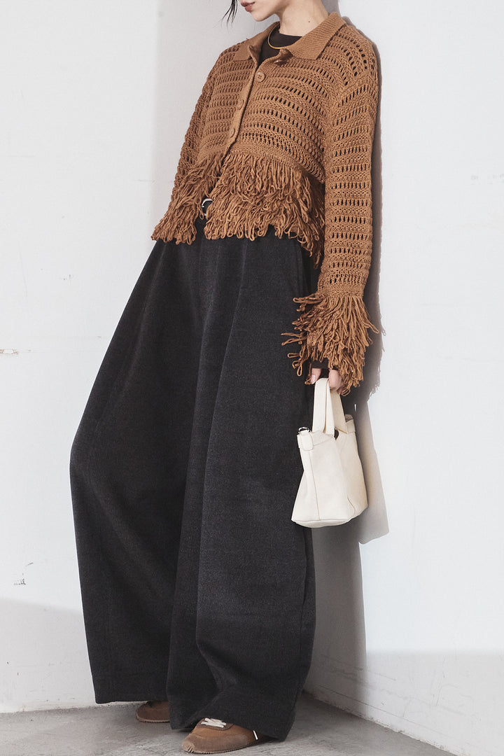 [SET]メッシュフリンジカーディガン+ウールタッチカーブワイドパンツ(2set)