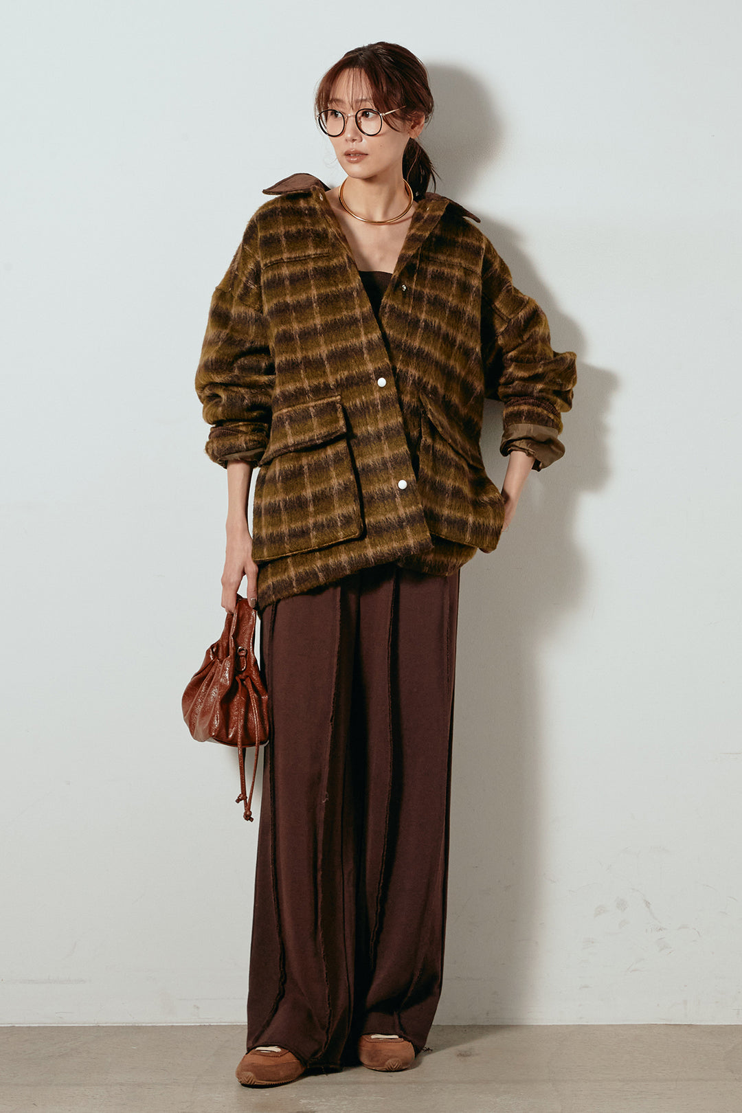 [SET]チェックシャギーミドルカバーオール+フロントラインデザインワイドスウェットパンツ(2set)