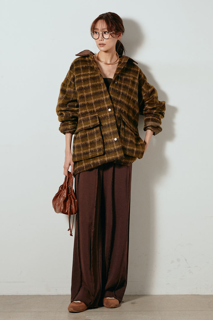 [SET]チェックシャギーミドルカバーオール+フロントラインデザインワイドスウェットパンツ(2set)