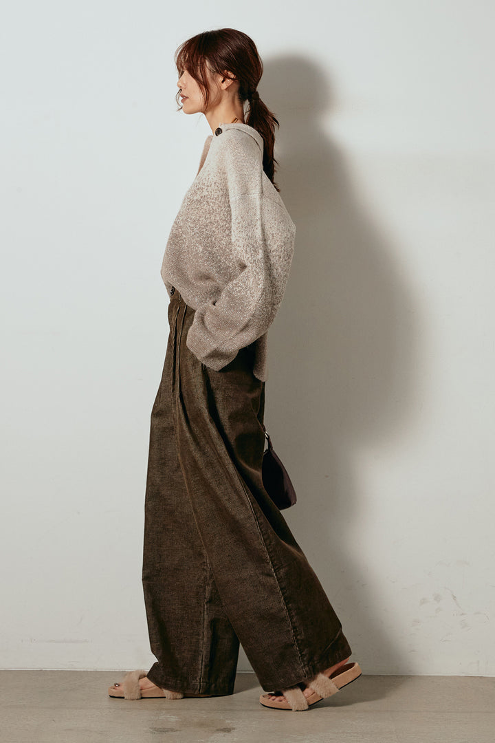 [SET]グラデーションラメニットキーネックプルオーバー+フロントタック入りコーデュロイパンツ(2set)