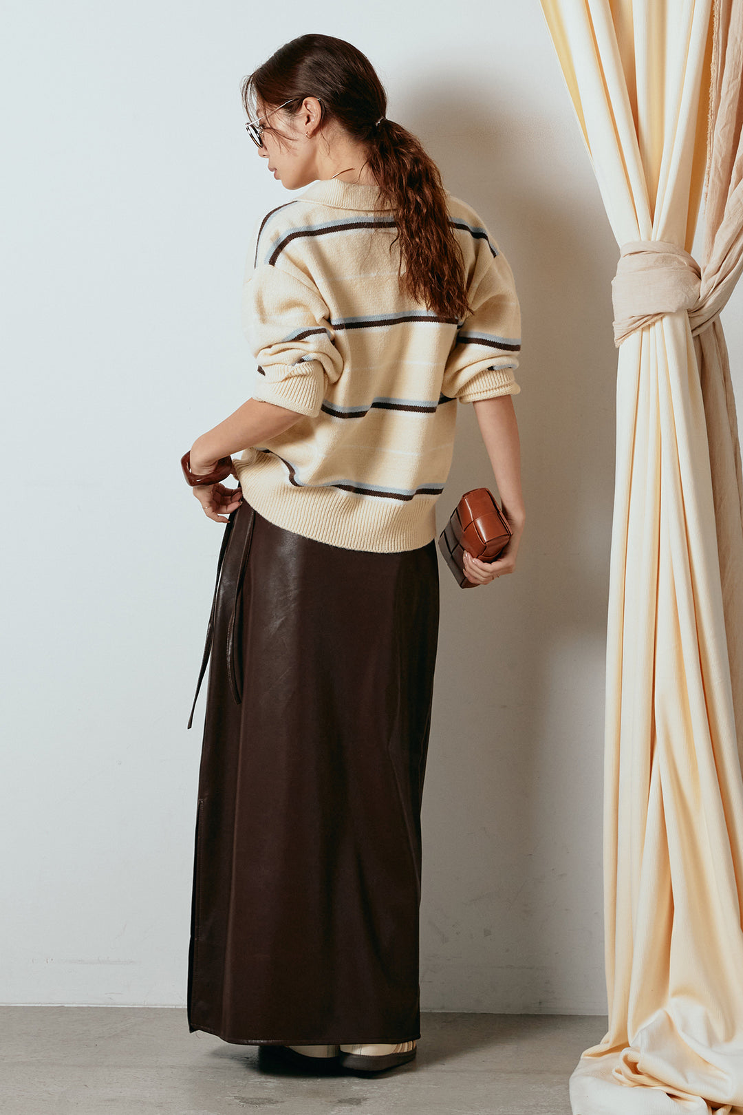 [SET]襟付きマルチボーダーニットポロトップス+紐付きフェイクレザーワイドスカート(2set)