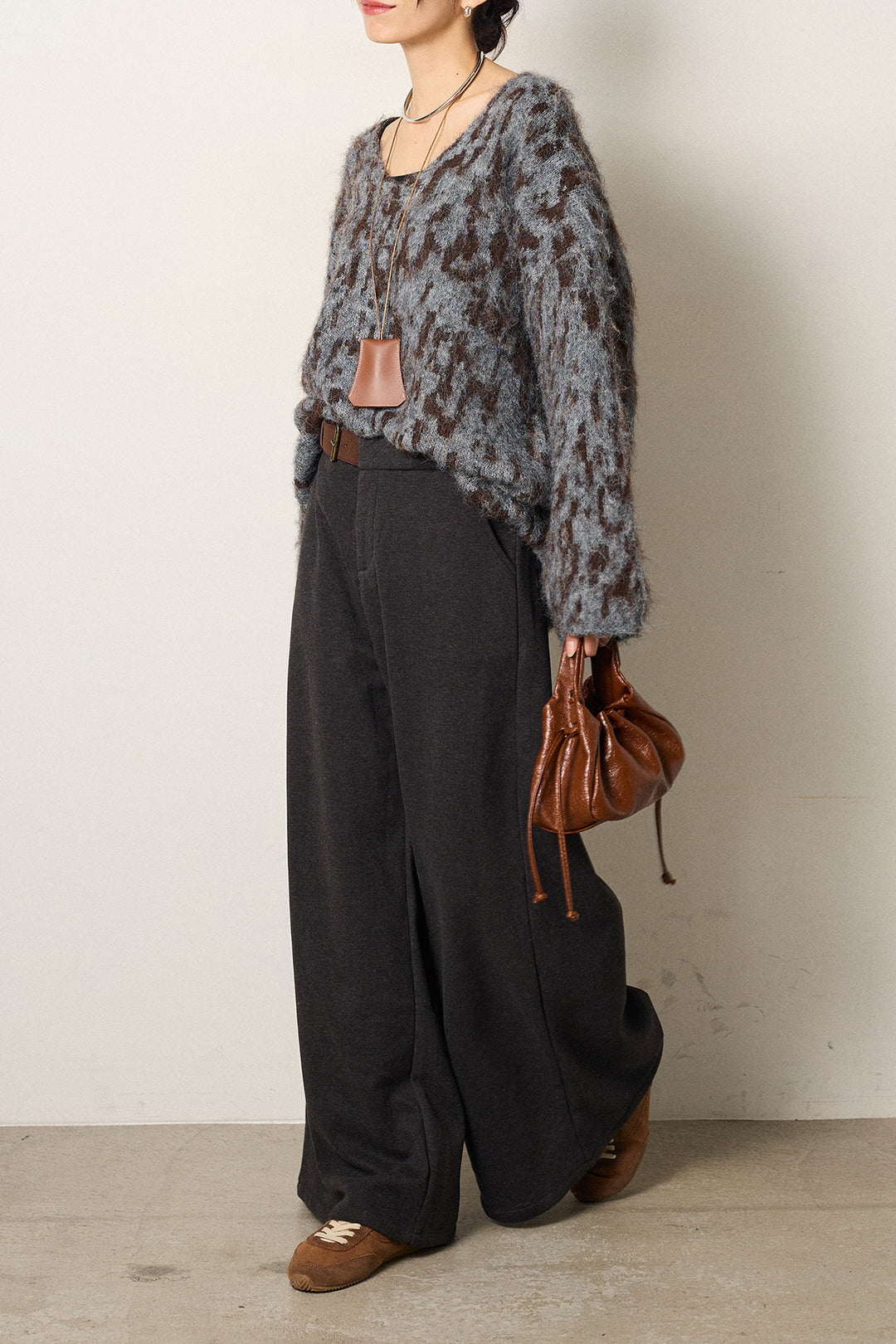 [SET]フラッフィーレオパードシャギーニット+サイドベルトパンツ(2set)