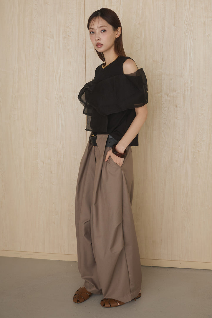 [SET]シアーレイヤーデザインカットソー+ベルトループワイドパンツ(2set)