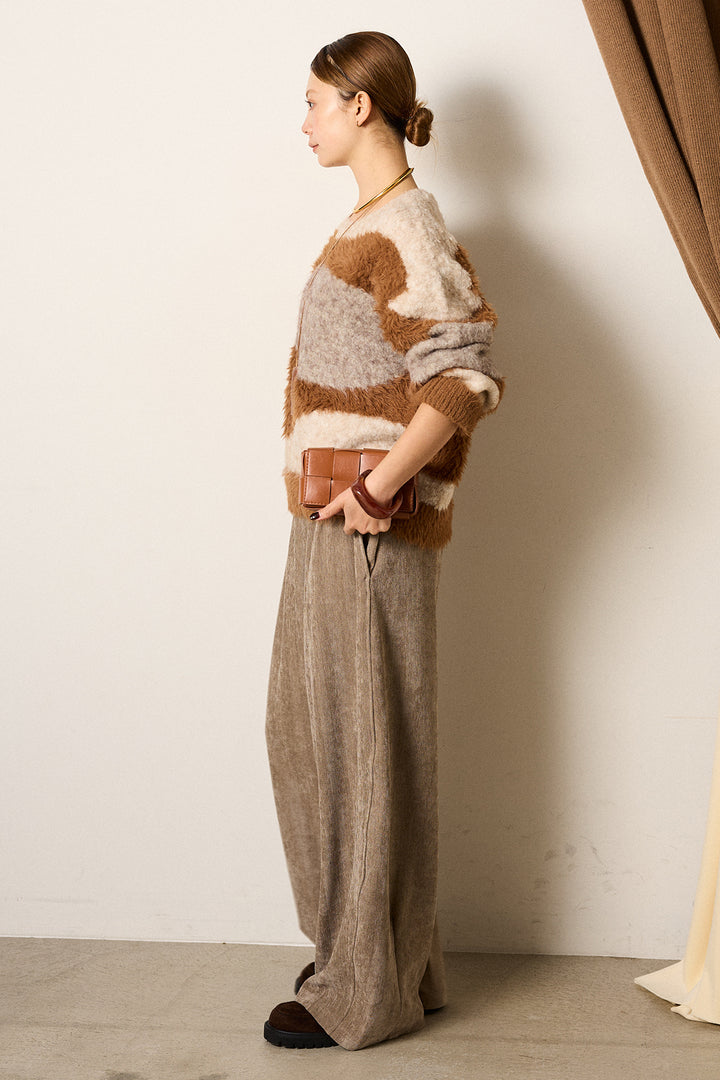 [SET]シャギーウェーブ柄クルーネックニットトップス+かすれデザインワイドパンツ(2set)