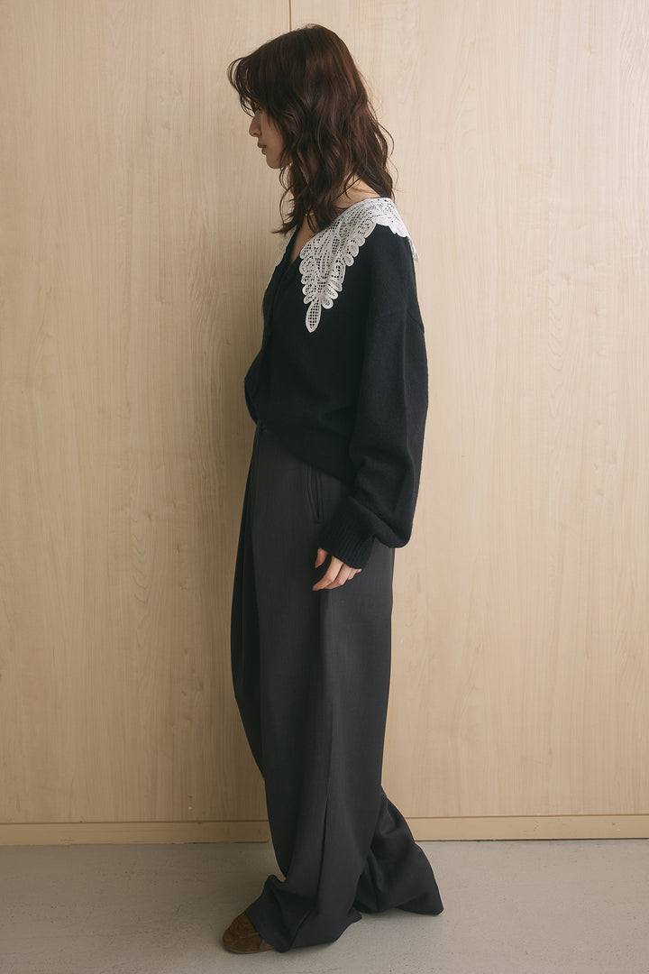 [SET]レースドッキングVネックカーディガン+ドレープラップワイドパンツ(2set)