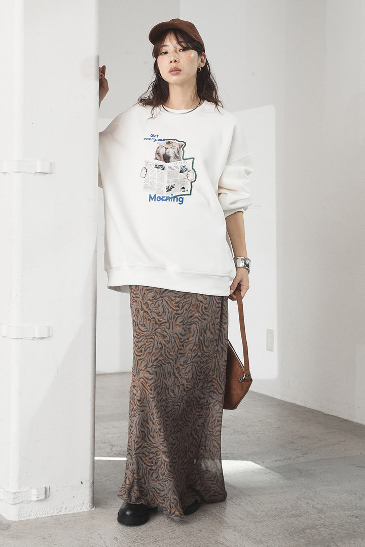 [SET]裏起毛モーニングキャットプリントスウェット+抽象柄ロングスカート(2set)