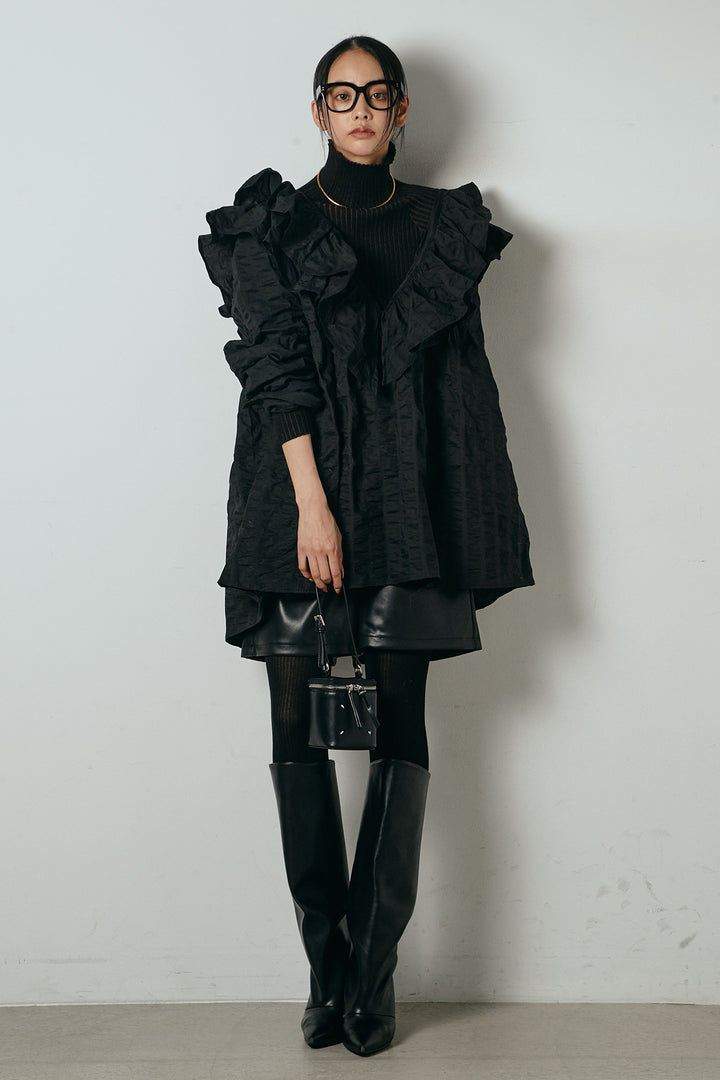 [SET]Vネックフリルカラーブラウス+リブニットシームレスタートルプルオーバー+ストレッチエコレザーバミューダパンツ(3set)