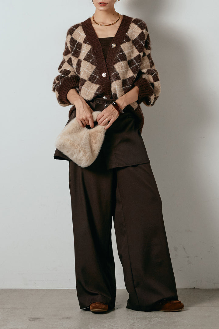 [SET]オーバーサイズ総柄Vネックニットカーディガン+ベルト付きウエストデザインパンツ(2set)