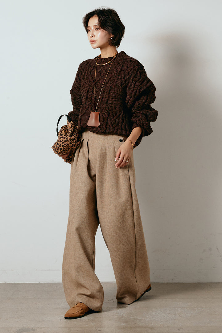 [SET]アラン柄ミックスケーブルニット+サイドボタンツイードタックパンツ(2set)