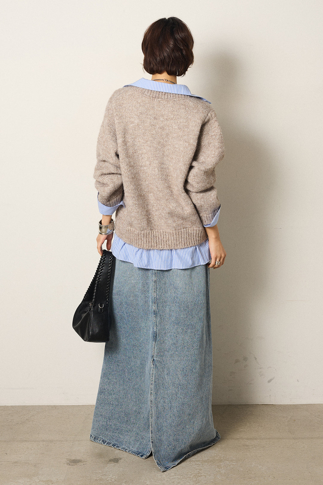 [SET]ストライプシャツドッキングニットポロトップス+デニムロングフレアスカート(2set)