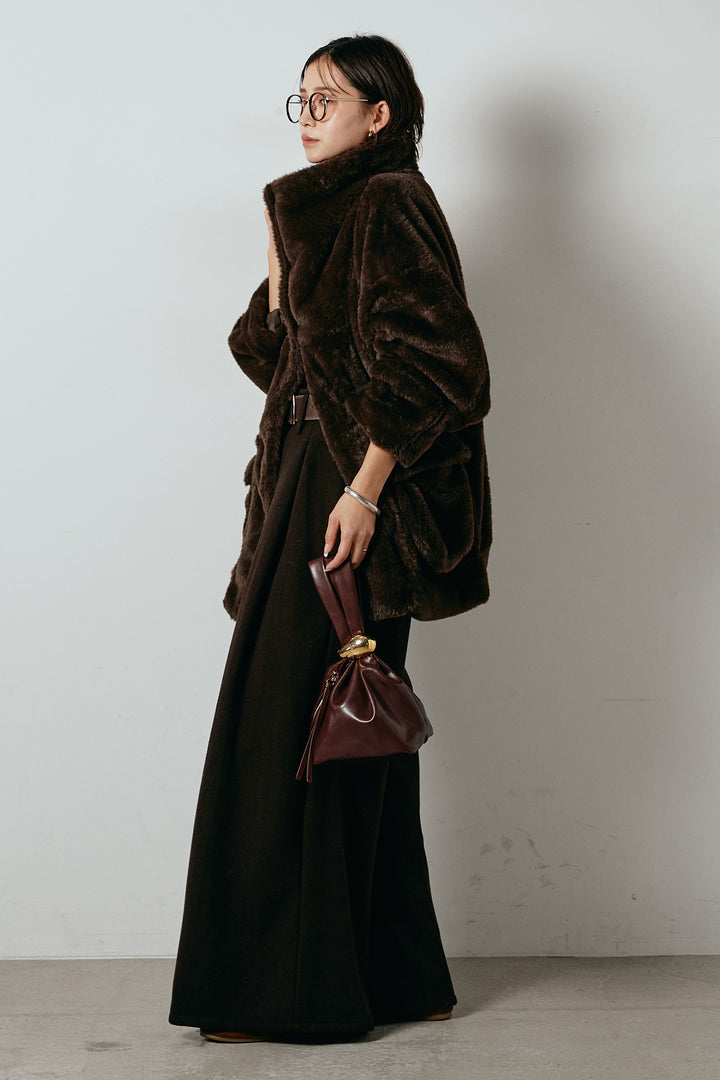 [SET]スタンドネックファーコート+フェイクレザー太ベルト付きタックワイドパンツ(2set)