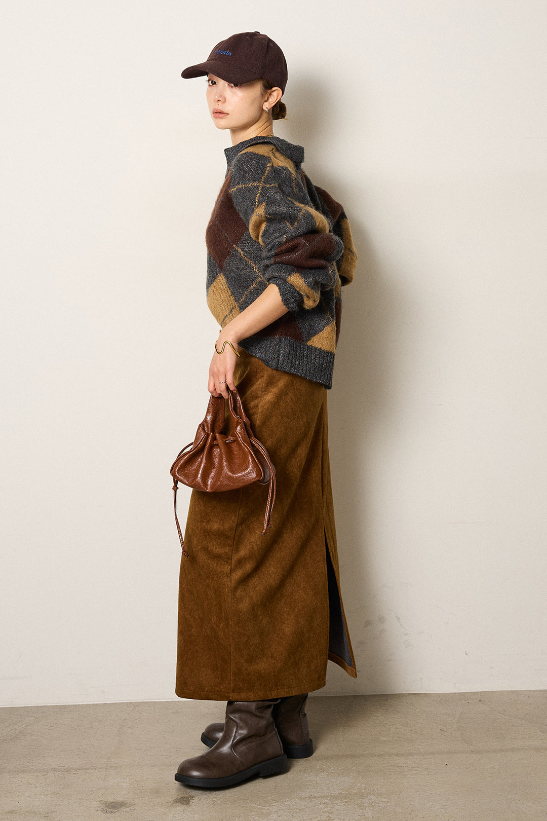 [SET]アクリルモヘアアーガイルキーネックプルオーバー+ロープベルト付きスウェード調スカート(2set)