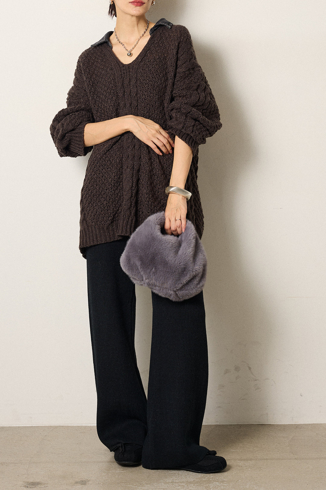 [SET]デニムカラーケーブルオーバーニット+ワイドリブニットイージーパンツ(2set)