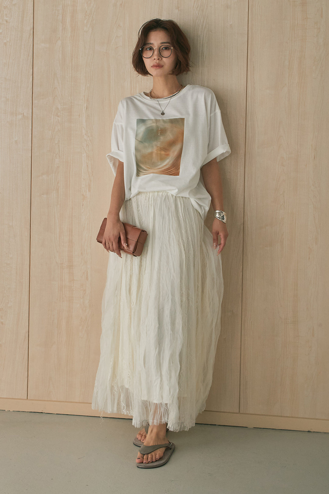 [SET]MarbleプリントTシャツ+レースコンビワッシャーギャザースカート(2set)