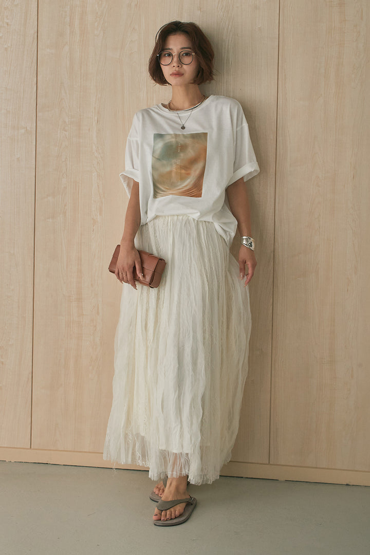 [SET]MarbleプリントTシャツ+レースコンビワッシャーギャザースカート(2set)