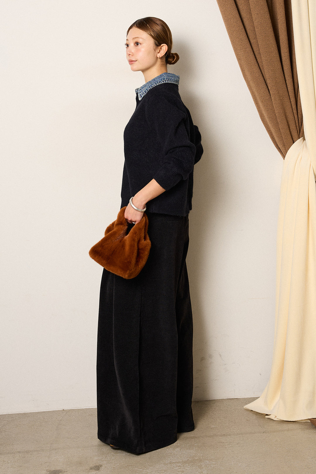 [SET]デニム襟ダブルジップニットトップス+ベルトループコーデュロイワイドパンツ(2set)