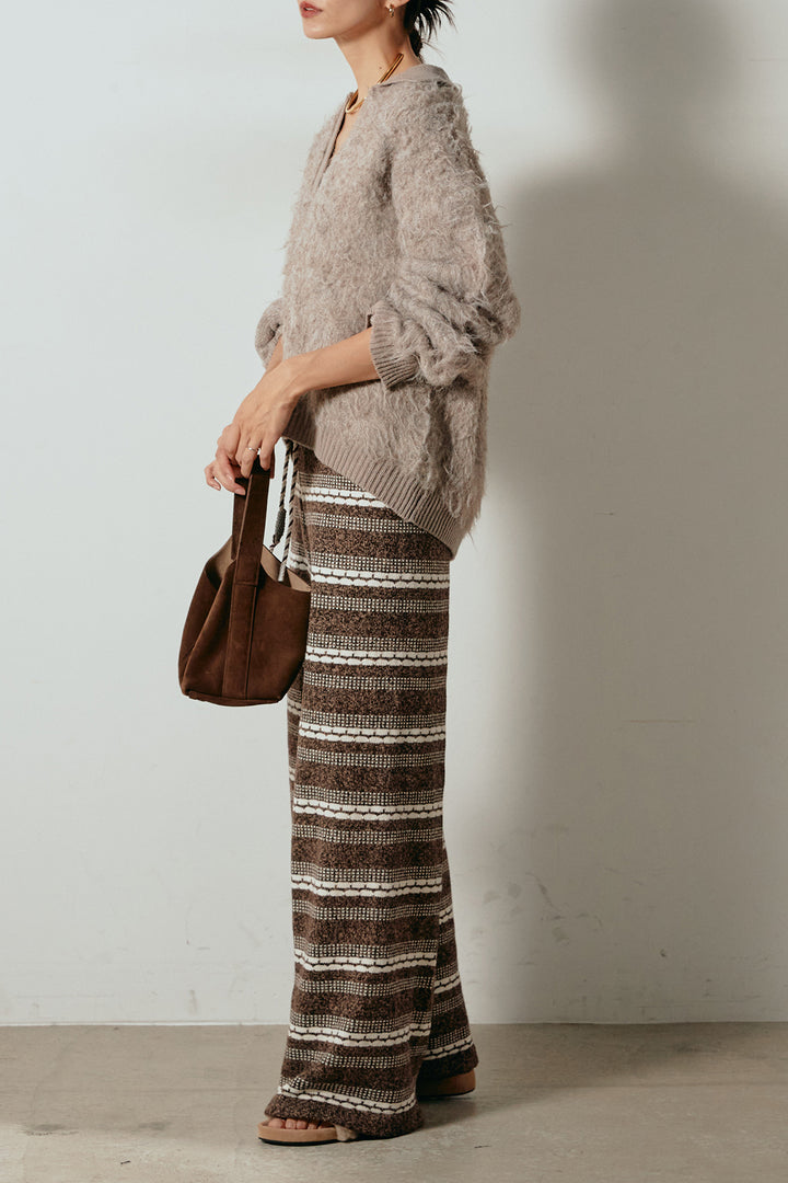 [SET]襟付きシャギーニットポロトップス+マルチライン柄リラックスニットパンツ(2set)