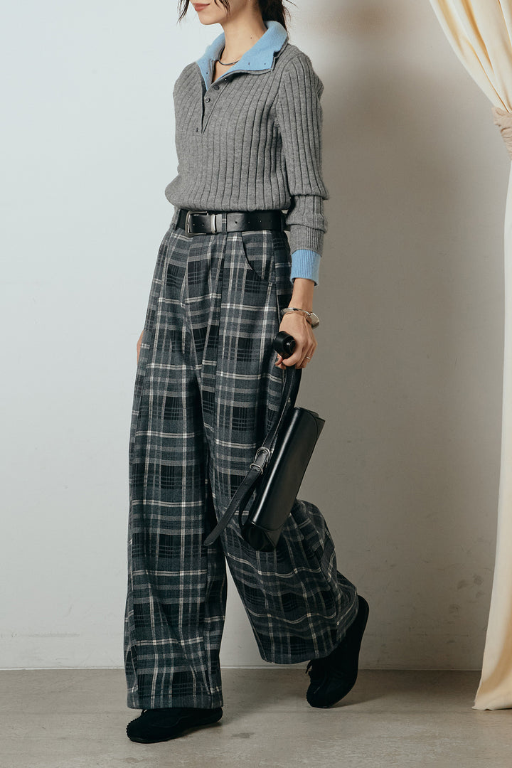 [SET]レイヤード風リブニットトップス+ベルト付きタータンチェックカーブワイドパンツ(2set)