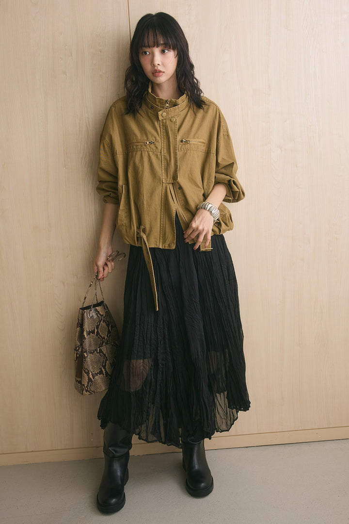 [SET]スタンドカラージップポケットジャケット+ワッシャーボリュームスカート(2set)