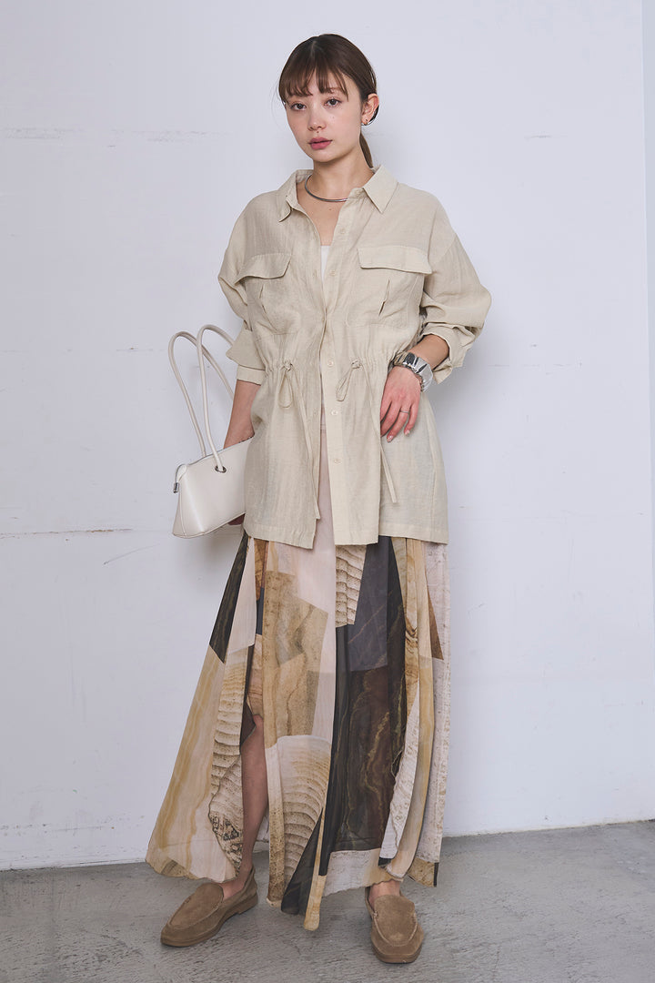 [SET]リネンブレンドシアーサファリシャツ+アートペイント柄スカート(2set)