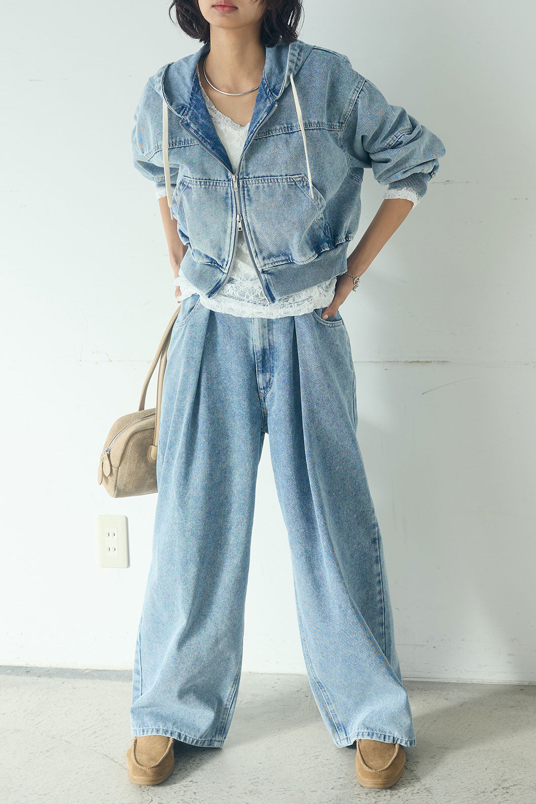 [SET]デニムダブルジップパーカーブルゾン+デニムタックカーブパンツ(2set)