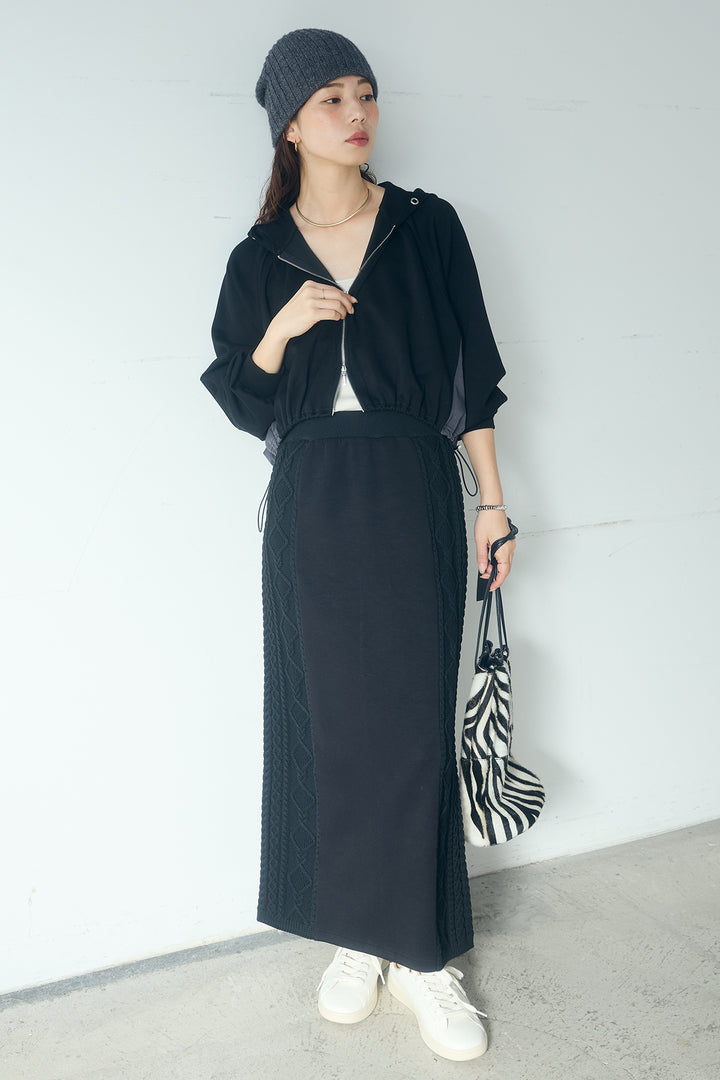 [SET]ドルマンショートフーディー+異素材ドッキングケーブルニットスカート(2set)