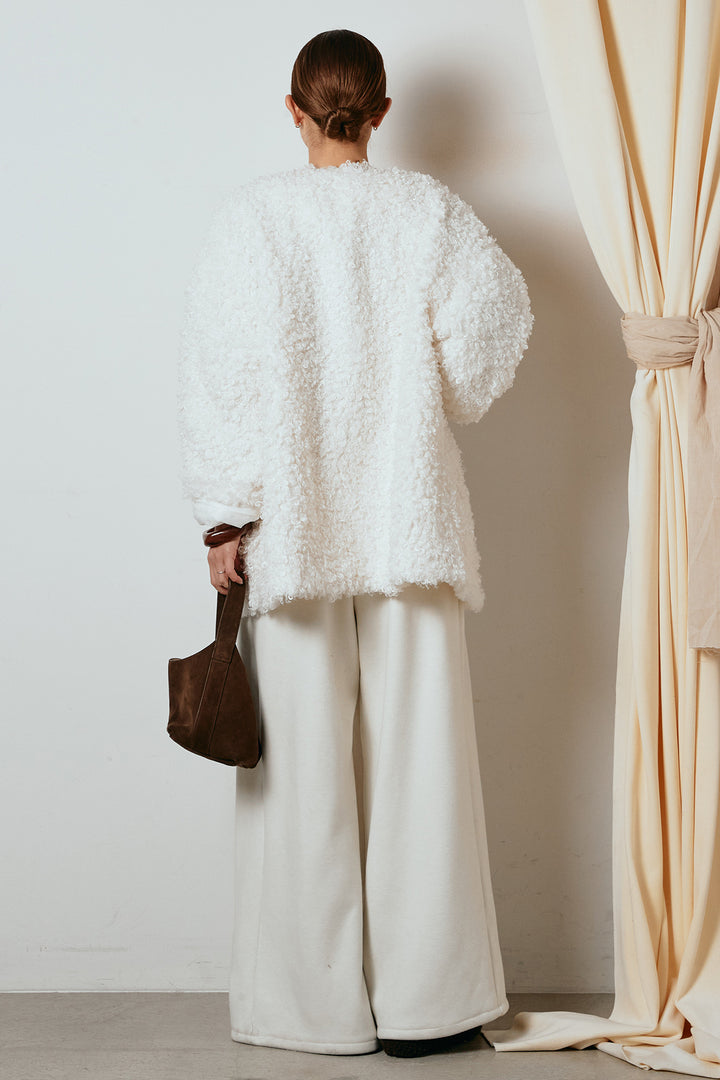 [SET]シープライクファージャケット+フェイクレザー太ベルト付きタックワイドパンツ(2set)