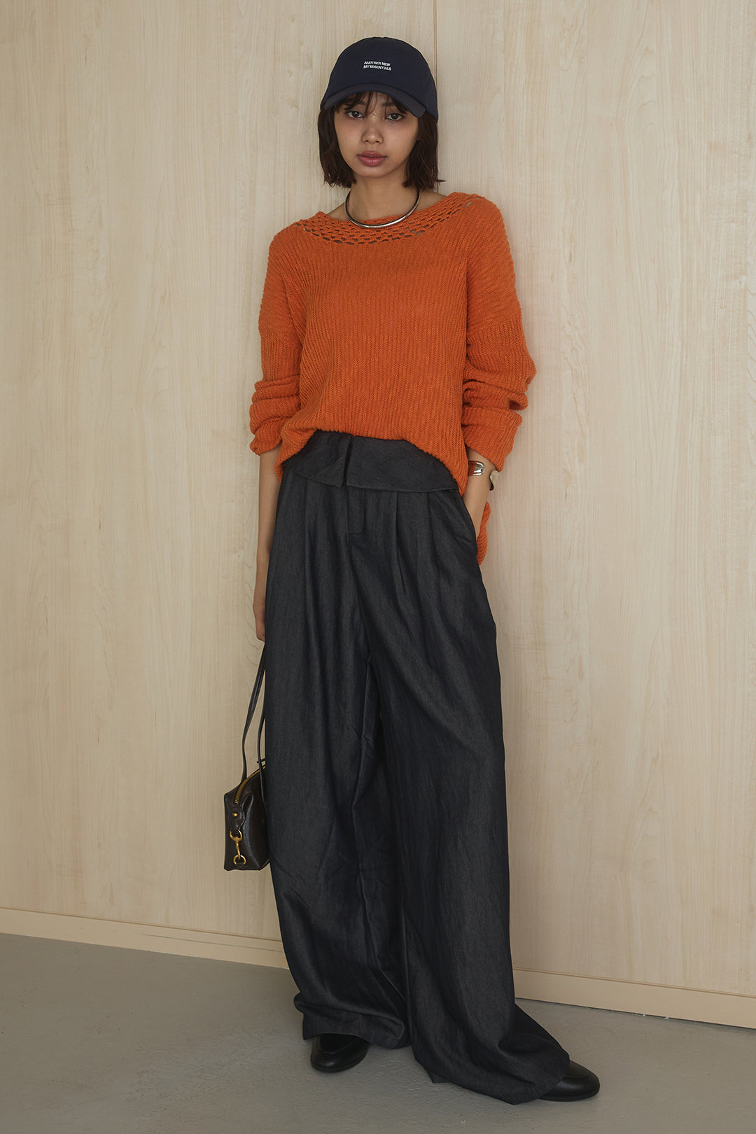[SET]ネック編みデザインニットトップス+ウエスト折り返しワイドパンツ(2set)
