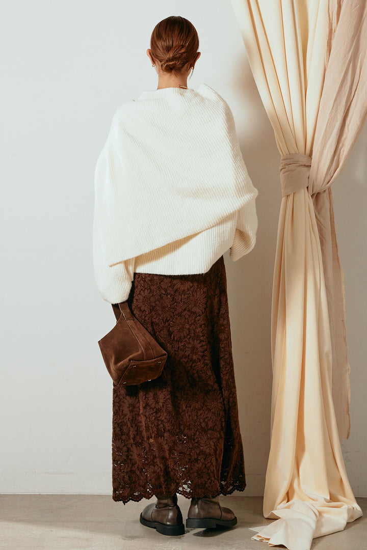 [SET]ケープデザインリブニットトップス+花柄刺繍ベロアフレアスカート(2set)