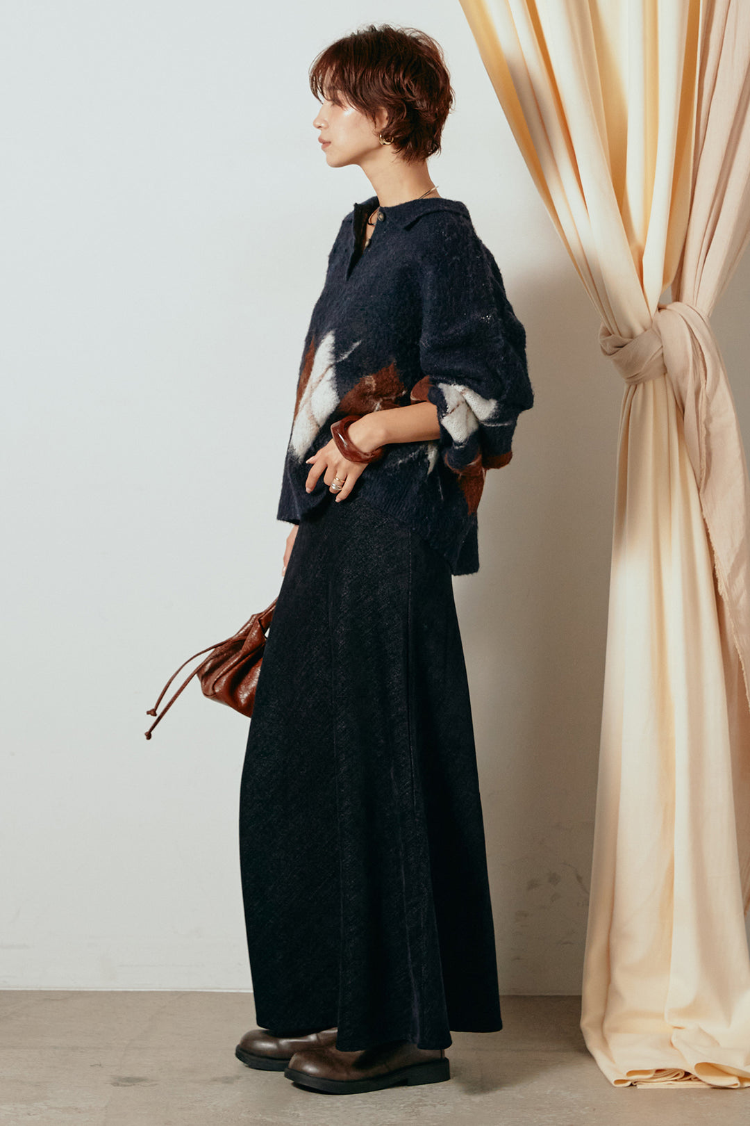 [SET]アーガイル柄ポロニットトップス+スウェードライクロングスカート(2set)