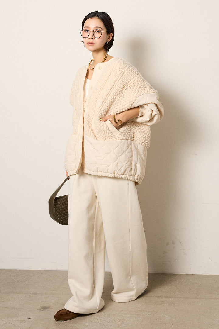 [SET]アラン編みニットノーカラー裾キルティングブルゾン+裏起毛スウェットワイドパンツ(2set)