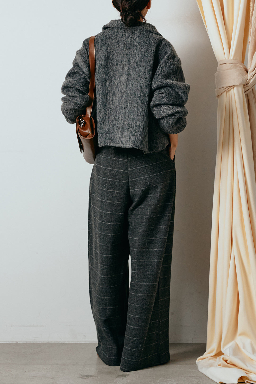 [SET]シャギーショートジャケット+スクエアチェック柄ワイドパンツ(2set)