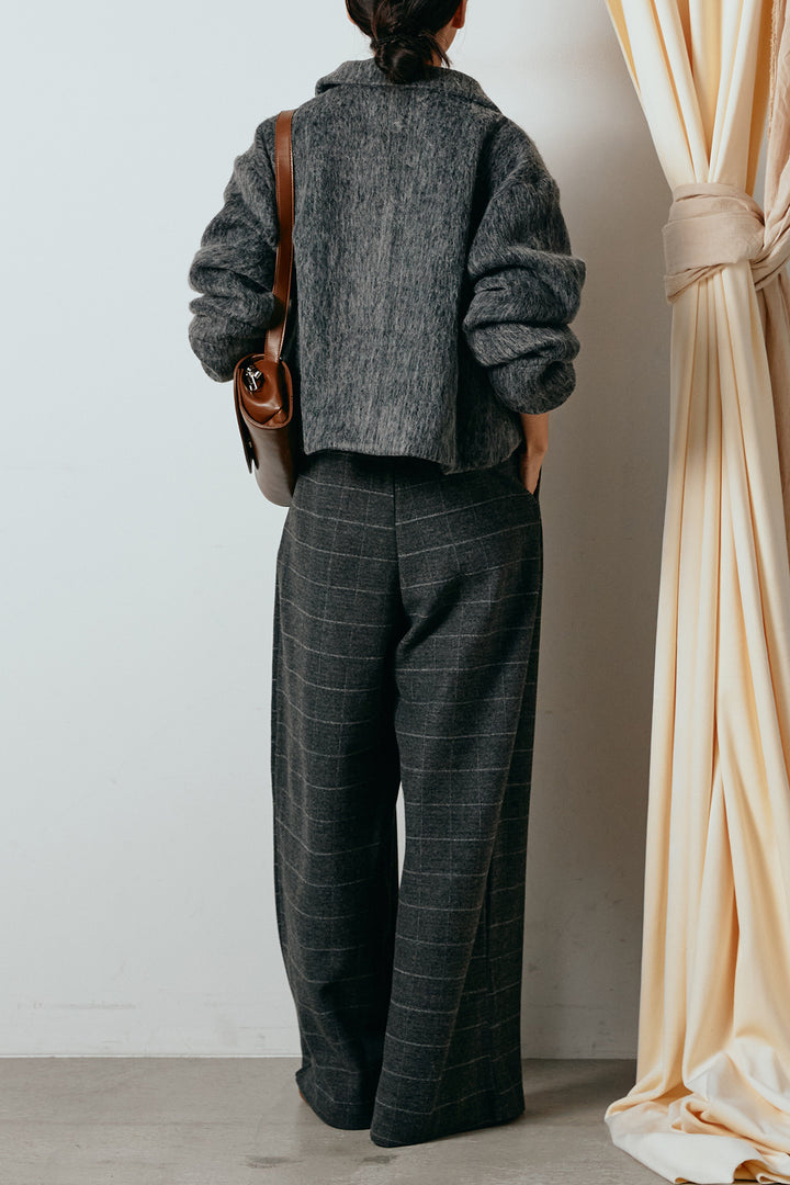 [SET]シャギーショートジャケット+スクエアチェック柄ワイドパンツ(2set)