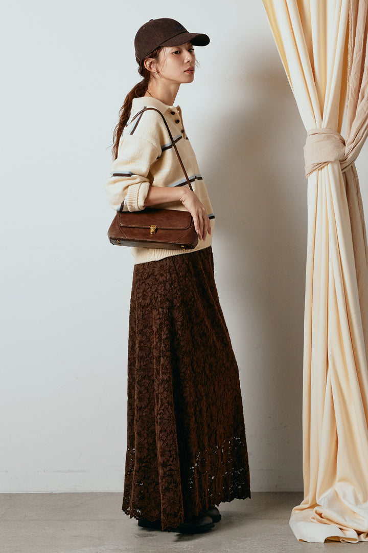 [SET]襟付きマルチボーダーニットポロトップス+花柄刺繍ベロアフレアスカート(2set)