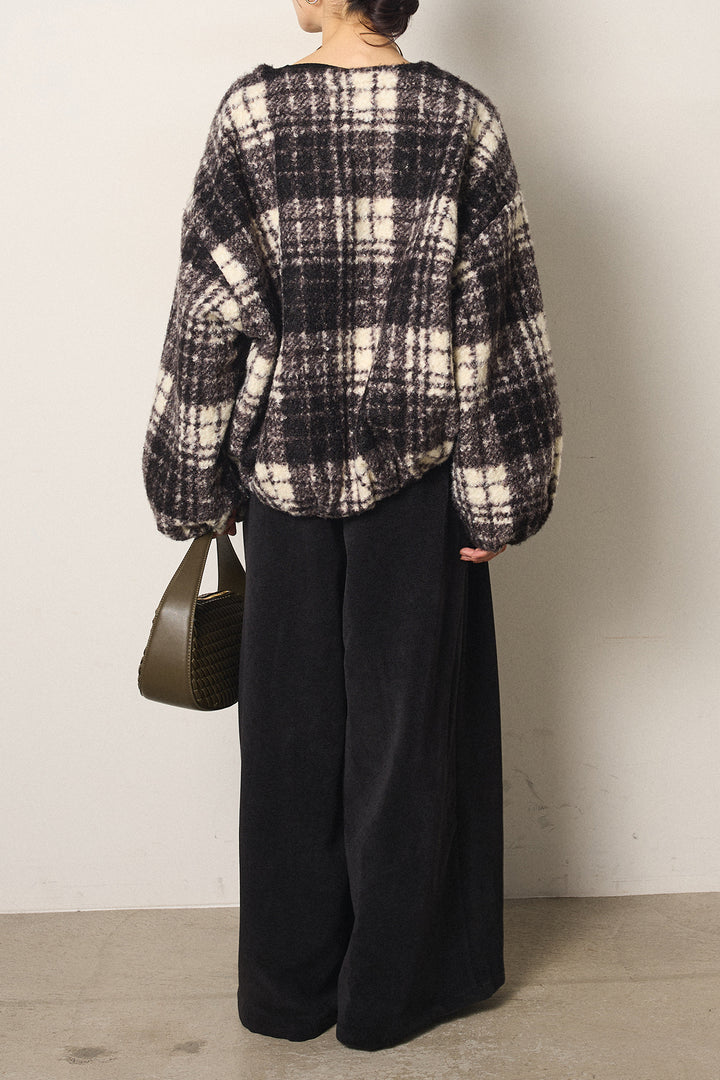 [SET]ノーカラーチェック柄ボアブルゾン+ベルトループコーデュロイワイドパンツ(2set)