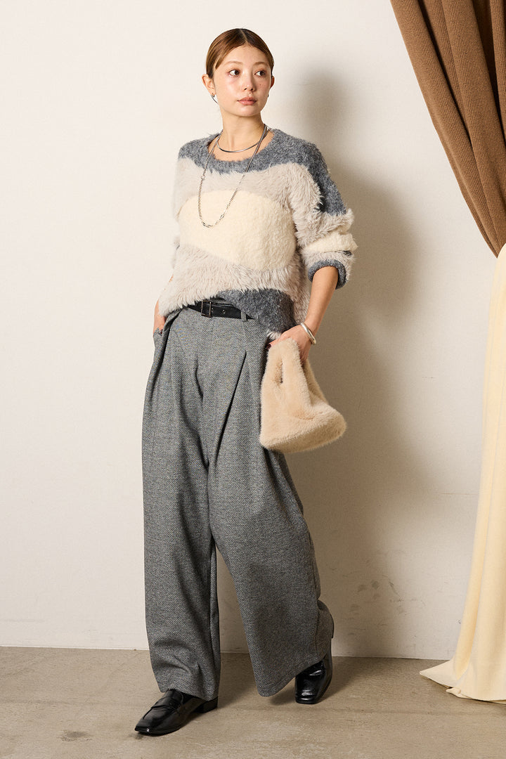 [SET]シャギーウェーブ柄クルーネックニットトップス+細ベルト付き起毛タックワイドパンツ(2set)