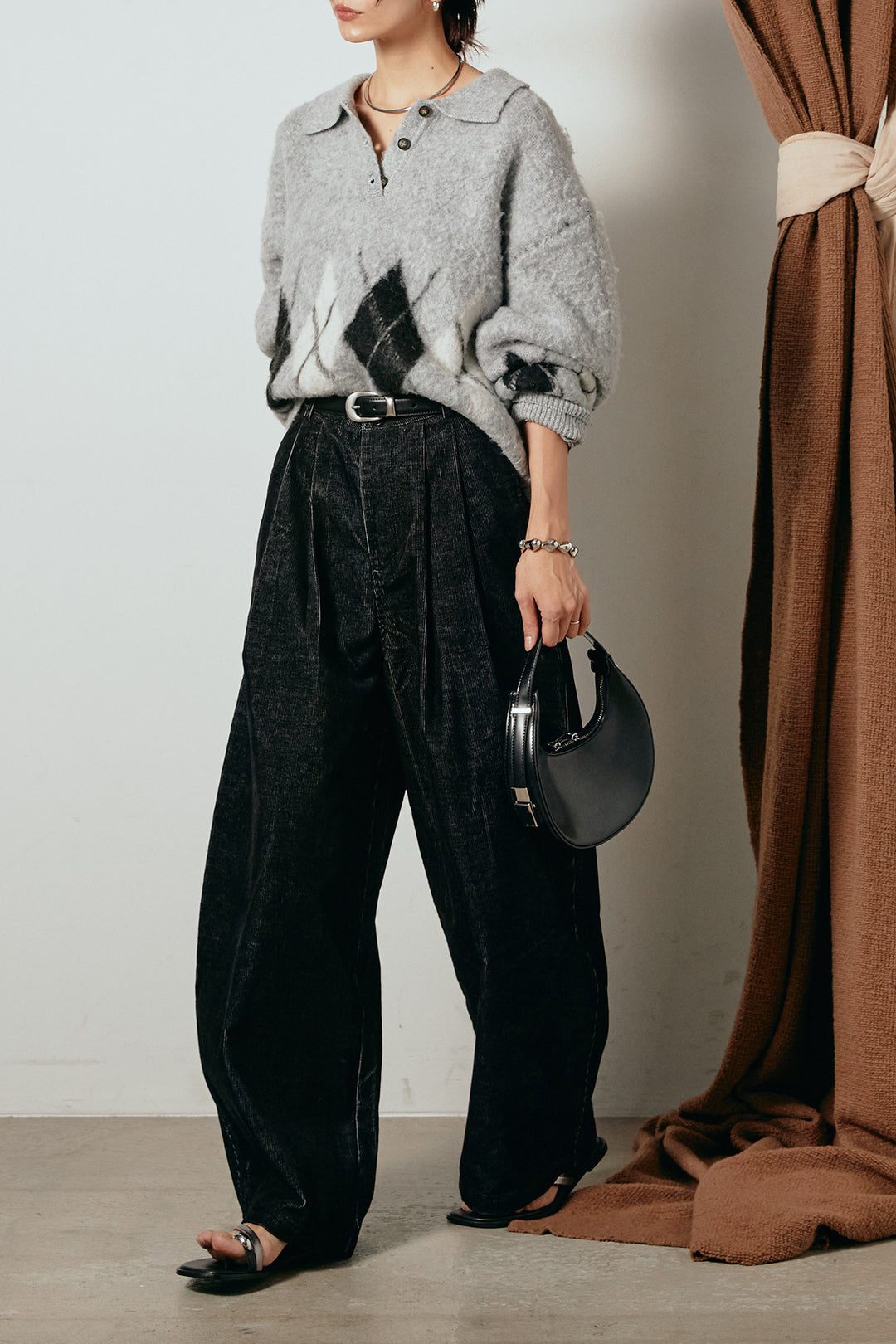 [SET]アーガイル柄ポロニットトップス+フロントタック入りコーデュロイパンツ(2set)