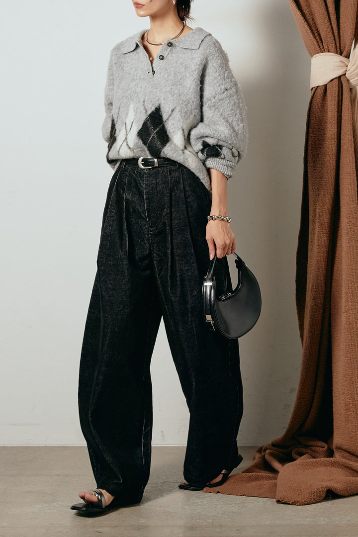 [SET]アーガイル柄ポロニットトップス+フロントタック入りコーデュロイパンツ(2set)