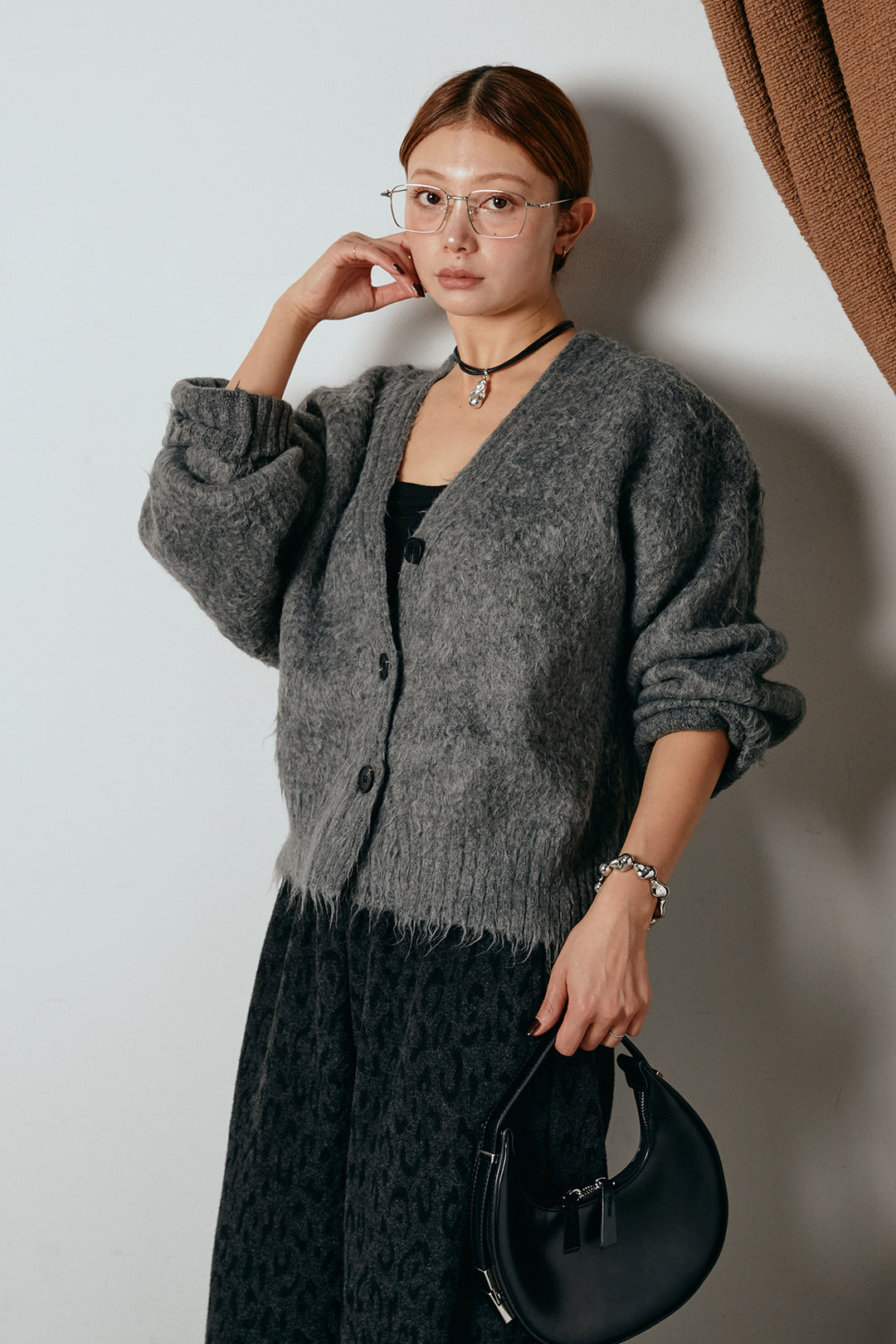 起毛ボタンニットカーディガン/グレー
