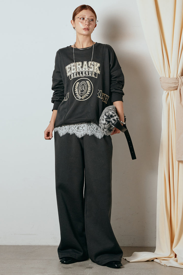 [SET]裏毛カレッジプリントプルオーバー+裏起毛スウェットワイドパンツ+カップ付きレースドッキングキャミソール(3set)