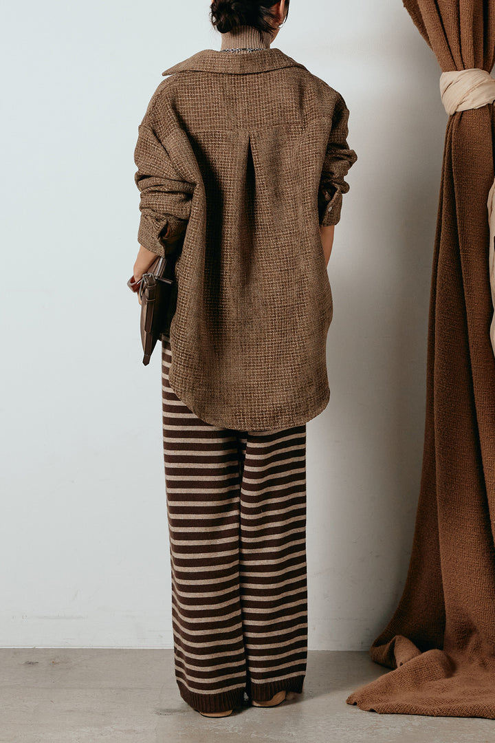 [SET]ルーズクラッシュツイルシャツ+ボーダーリラックスニットパンツ(2set)