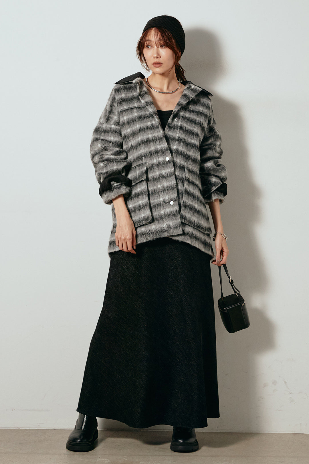 [SET]チェックシャギーミドルカバーオール+スウェードライクロングスカート(2set)