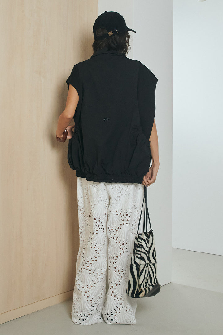 [SET]ショルダー切替スタンドネックジップベスト+レース刺繍リラックスパンツ(2set)