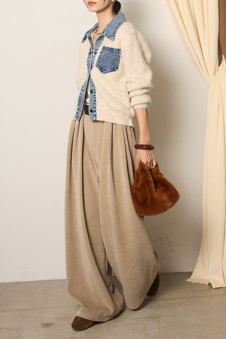 [SET]襟付きデニム切替ニットカーディガン+ベルトループコーデュロイワイドパンツ(2set)