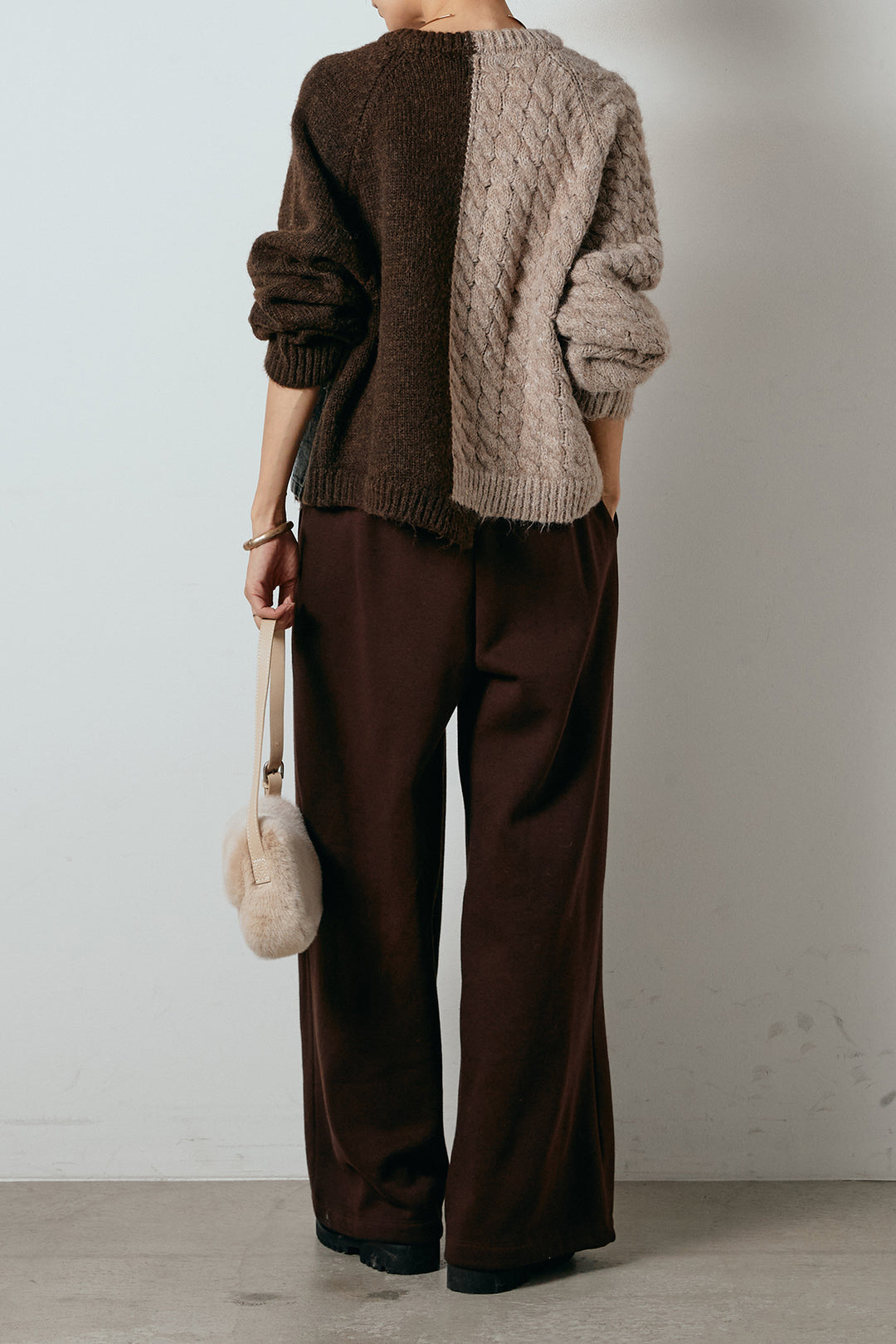 [SET]ハーフジップニットデニムドッキングトップス+裏起毛スウェットワイドパンツ(2set)