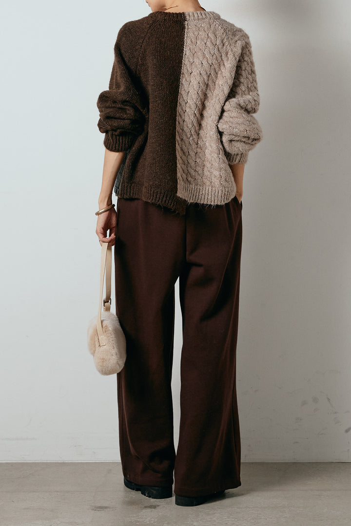 [SET]ハーフジップニットデニムドッキングトップス+裏起毛スウェットワイドパンツ(2set)